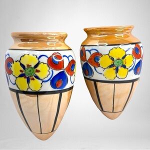 Vintage Wall Pockets ART DECO Lusterware Flowers Hand Decorated Japan 1930s